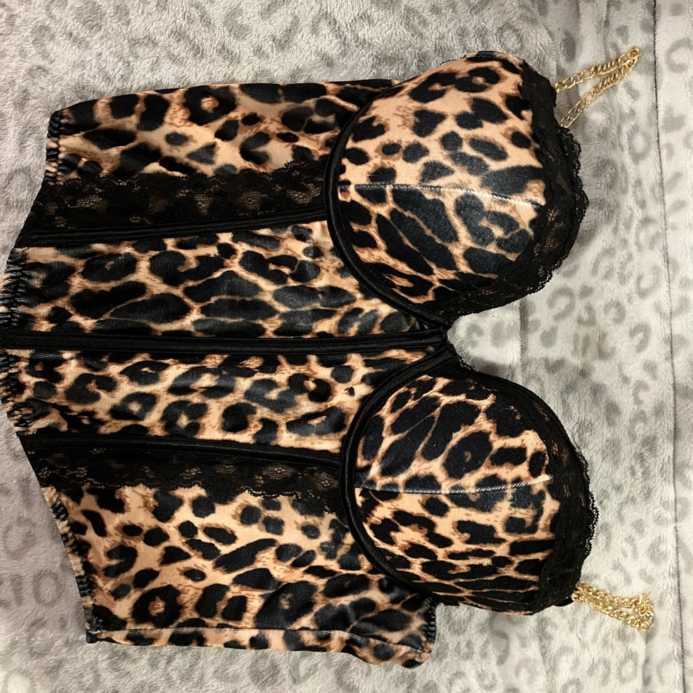 Leopard Print Corset with Black Lace Trim